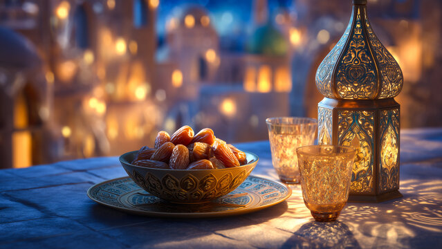 Ramadan Feast: A close-up shot of a golden bowl filled with ripe dates, illuminated by the warm glow of traditional lanterns and candles, evoking the spirit of Ramadan and shared blessings.