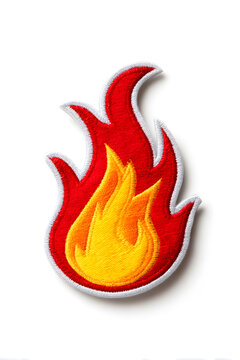Stylized flame embroidered badge isolated on white background. Bright fire patch textile emblem.