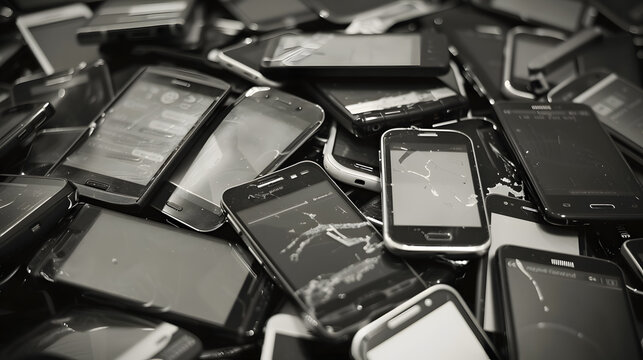 Pile of old mobile phones, concept of electronic waste, technology recycling and environmental pollution.
