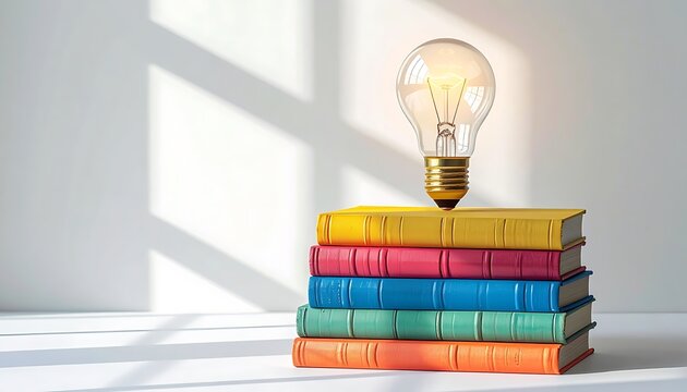 Stack of colorful books topped with a glowing light bulb, symbolizing knowledge and new ideas, with soft light and shadows on a white background, representing learning and innovation