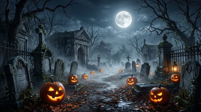 Spooky halloween night in a haunted graveyard with glowing pumpkins and full moon