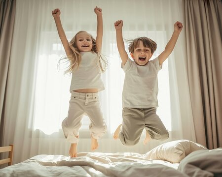 Two joyful children jumping on a bed in bright daylight