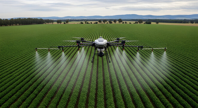Agricultural drone spraying pesticides or fertilizers over a vast green crop field in a rural landscape