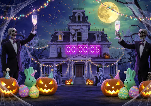 Haunted house with skeletons and halloween decorations at night