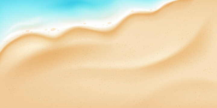 Top view of sandy summer beach with ocean wave. Tropical seaside background with blue water and golden sand. Realistic vector illustration for travel and vacation design.