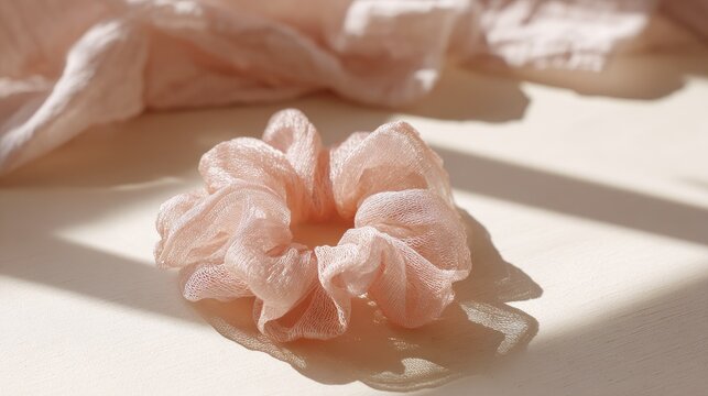 Delicate sheer pink scrunchie rests on a sunlit surface