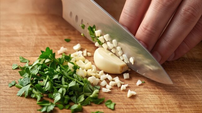 Chef mincing fresh garlic cloves and parsley on wooden cutting board. Close-up of food preparation process in home kitchen.