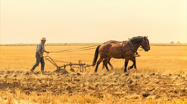 Farmer using horse-drawn plow to till soil in golden field. Traditional agricultural methods and manual labor in rural setting.
