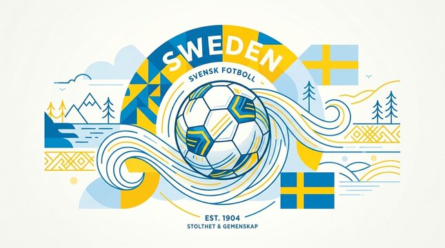 Sweden Svensk Fotboll illustration with national flag and landscape elements