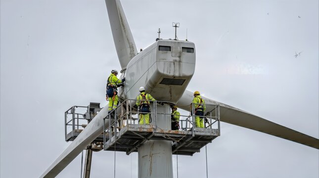 Technicians performing maintenance on a large wind turbine nacelle. High-altitude inspection of renewable energy infrastructure.