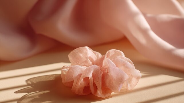 Delicate peach fabric scrunchie rests on a beige surface, soft light