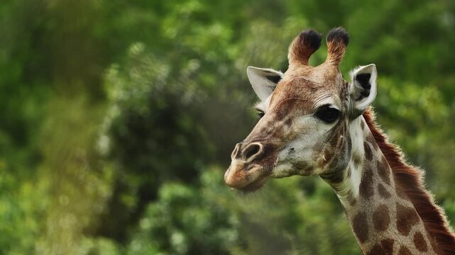 Close portrait of a giraffe in warm African sunlight, highlighting elegant facial features, patterned fur and calm expression in a natural savanna wildlife environment