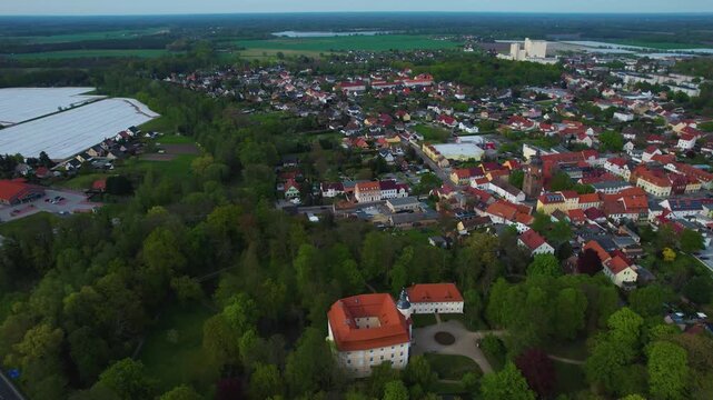 Aerial view around the old town of the city Vetschau in east Germany on a sunny spring day