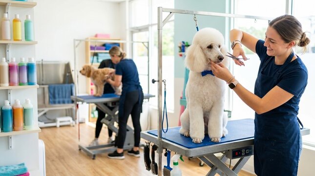 Professional groomer styling a white poodle with scissors and a blue bow tie in a bright salon