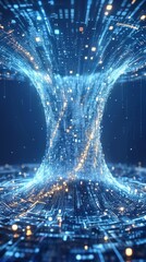 Fototapeta premium Vortex of light and binary code representing high-speed data transfer. Abstract digital tunnel with glowing particles for cloud computing and big data concepts.