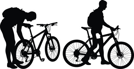 Fototapeta premium Black silhouette of two people riding bicycles at night with full moon background des