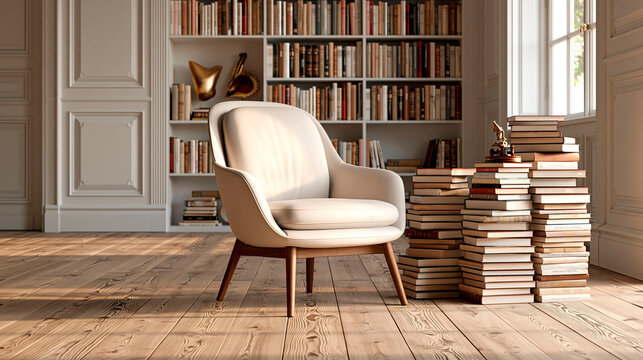 Cozy reading corner with armchair and stacked books in elegant home library interior symbolizing knowledge and relaxation