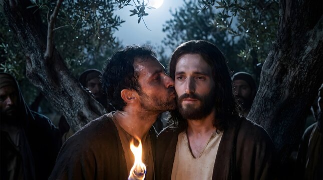 Judas Iscariot kissing Jesus Christ on cheek in garden at night. Biblical scene of betrayal. Historical religious narrative of New Testament. Cinematic portrayal of gospel event.