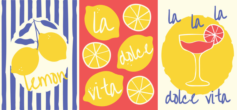 Amalfi Style Poster Series. Italian Summer with Lemons and Drinks. Vibrant Colors for Posters, Postcards, and Decorations