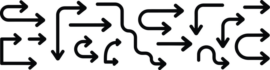 Collection of black line arrows with various shapes including u turns right angles wavy lines and straight pointers on a white background © DesignNest