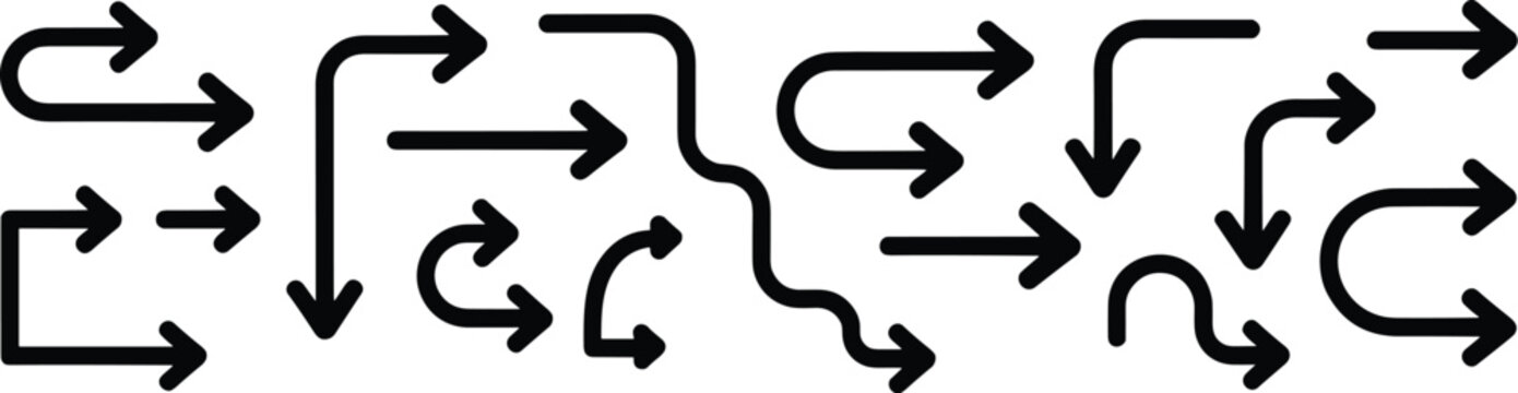 Collection of black line arrows with various shapes including u turns right angles wavy lines and straight pointers on a white background