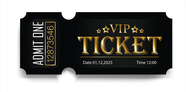 VIP admission ticket template with luxury golden typography effect, premium event pass design and elegant business branding. Black and gold entry ticket with admit one label, concert pass, invitation 