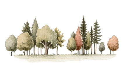 Diverse deciduous and coniferous trees with varied foliage, isolated on transparent background © Ozols