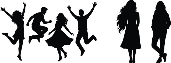 Silhouette dancers in black leotards performing ballet moves on white background desi © ROHIMA