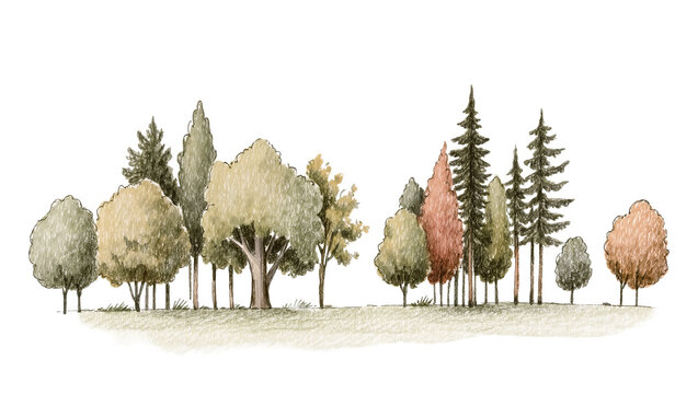 Diverse deciduous and coniferous trees with varied foliage, isolated on transparent background