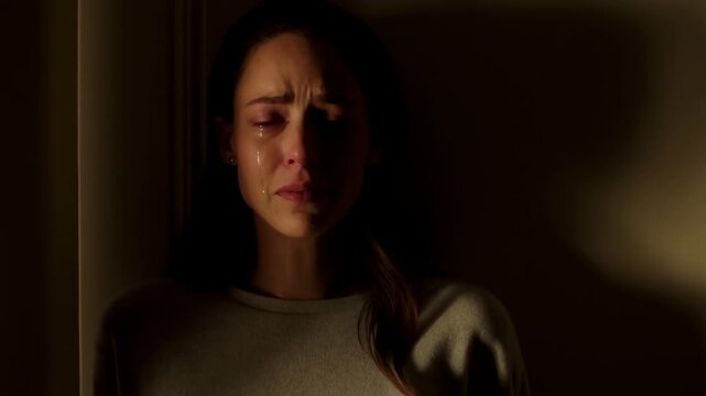 Distraught young woman crying with tears in a dark room lit by warm light sad anguish despair grief vulnerable