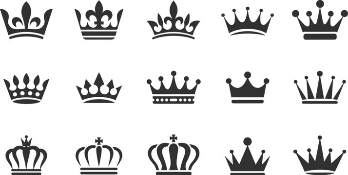 Collection of fifteen black silhouette crown featuring various royal headgear shapes with fleur de lis points spikes and circular finials arranged in a grid on a white background