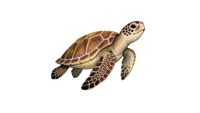 Brown sea turtle swimming, isolated on transparent background
