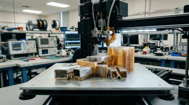 Medium shot focusing on the hybrid 3D printing process creating waveguides combining metal and dielectric elements for advanced RF testing.