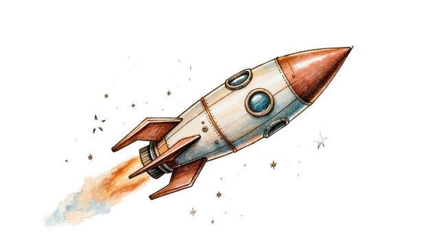 Retro rocket ship with copper nose cone and fins emitting smoke, isolated on transparent background