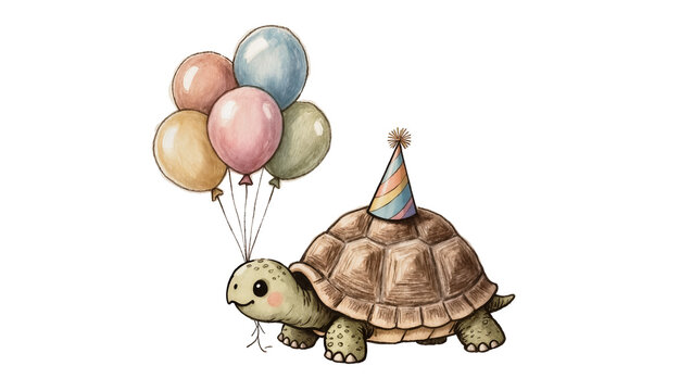 Cute tortoise wearing a party hat, holding balloons isolated on transparent background