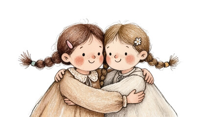 Two cute cartoon girls with braided pigtails hugging each other, isolated on transparent background