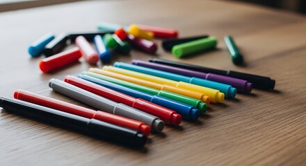Fototapeta premium Colorful Marker Pens Arranged on Wooden Table in Soft Natural Light