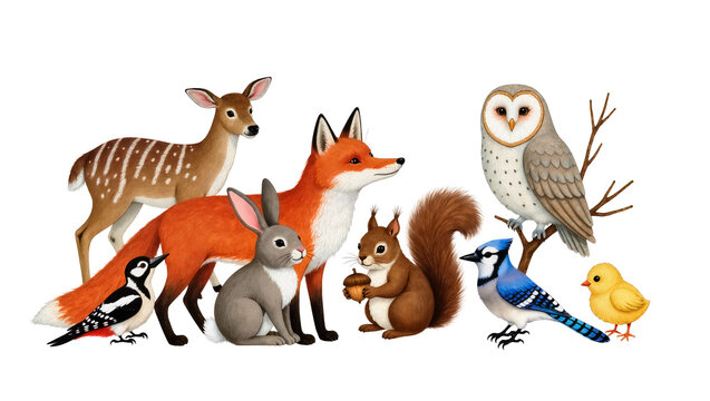 Woodland animals including deer fox rabbit squirrel owl blue jay chick and woodpecker, isolated on transparent background