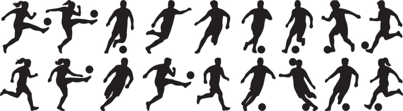 Black silhouette soccer players kicking ball