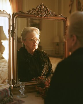Medium shot of an older woman gazing into a vanity mirror her reflection showing a proud statuesque elder with broad shoulders soft golden light enhancing an elegant bedroom