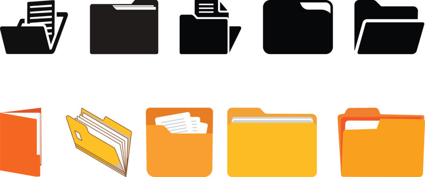 Document vector icon isolated vector graphic. Paper document page icon vector element. Agreement file symbol.Set of folders vector icons. Black linear open folder. Folder for storage document and file