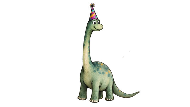 Green cartoon brontosaurus wearing a colorful party hat, isolated on transparent background
