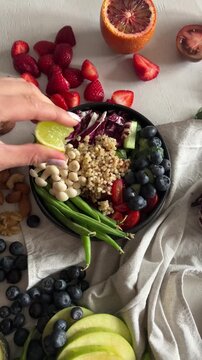 Vegan food with vitamins, top view  