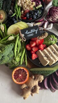 Vegan food with vitamins, top view  