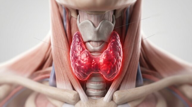 Human thyroid gland anatomy highlighted in neck. Medical 3D visualization showing endocrine system organ. Clinical diagnostics of metabolism and hormonal health. Scientific illustration.