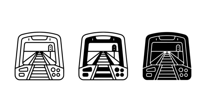 Modern train front view icons, subway locomotive vector set, railway transportation symbols