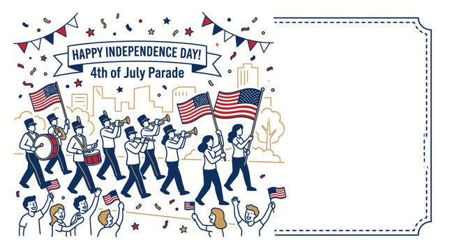 Hand drawn illustration of a festive Fourth of July parade with marching band and cheering crowd.