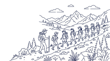 Obraz premium Group of hikers trekking on a mountain trail illustration.