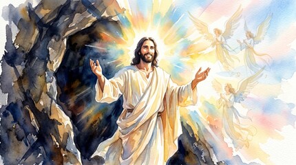 Obraz premium Jesus Christ rising from the tomb with angels. Emotional scene depicting the Resurrection of Christ. Religious watercolor illustration for Easter celebration and spiritual belief concept.