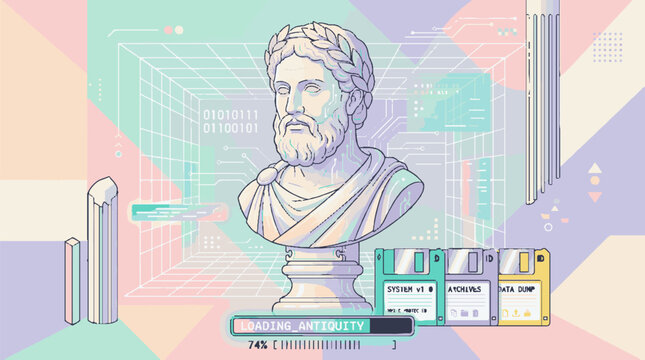 Classical Greek philosopher bust sculpture with vintage computer floppy disks.